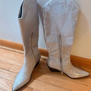 Rhinestone Silver Heeled Boots